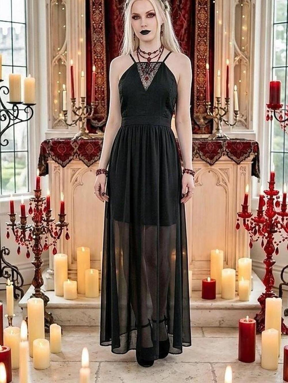 Gothic Black Sheer Maxi Dress Dark Romance Academia GoT Style Lace Bodice Gown